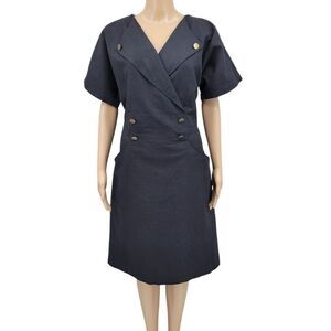 Jennifer Eden Vintage Black Cotton Blend Canvas Double Breasted Midi Dress